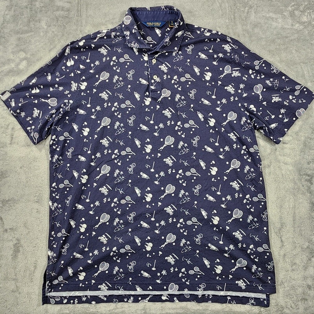 Polo Golf Ralph Lauren Mens XL Shirt Blue Sports Theme‎ Print All Over
